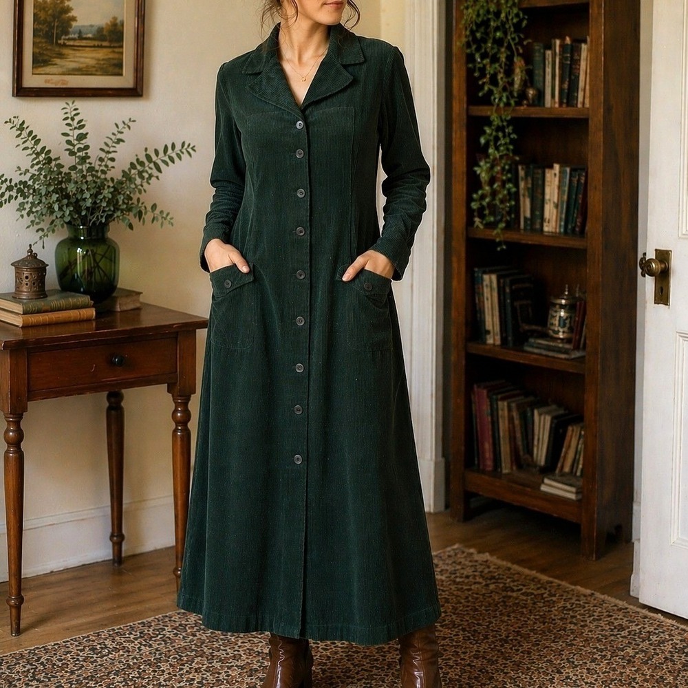 VTG 90s Corduroy Maxi Dress XL Forest Green Button Front Dark Academia Blue J
